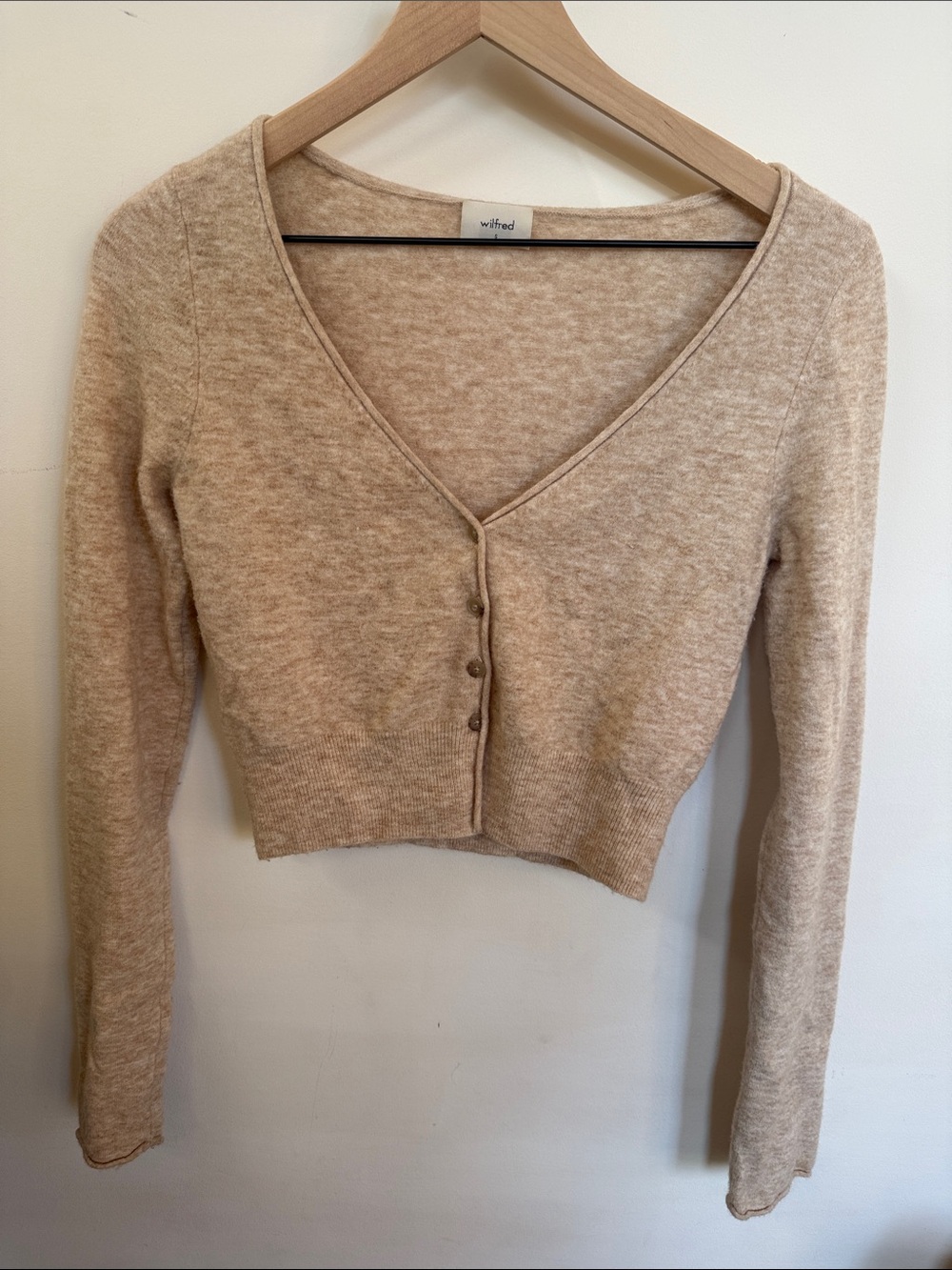 Aritzia Wilfred Cropped V-Neck Button Front Sweater in Beige